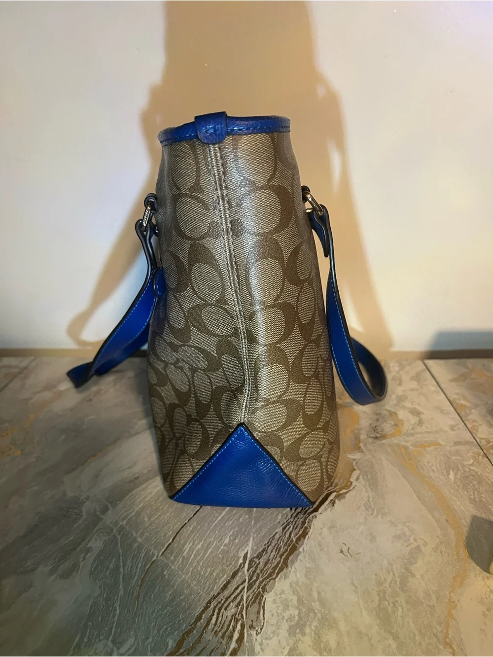 Coach Signature Canvas Zip Top Brown Blue Tote